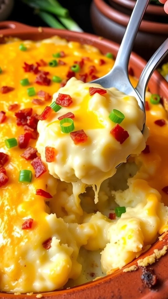 Cheesy Mashed Potato Casserole Cheesy mashed potato casserole topped with bacon and green onions, served in a rustic dish.